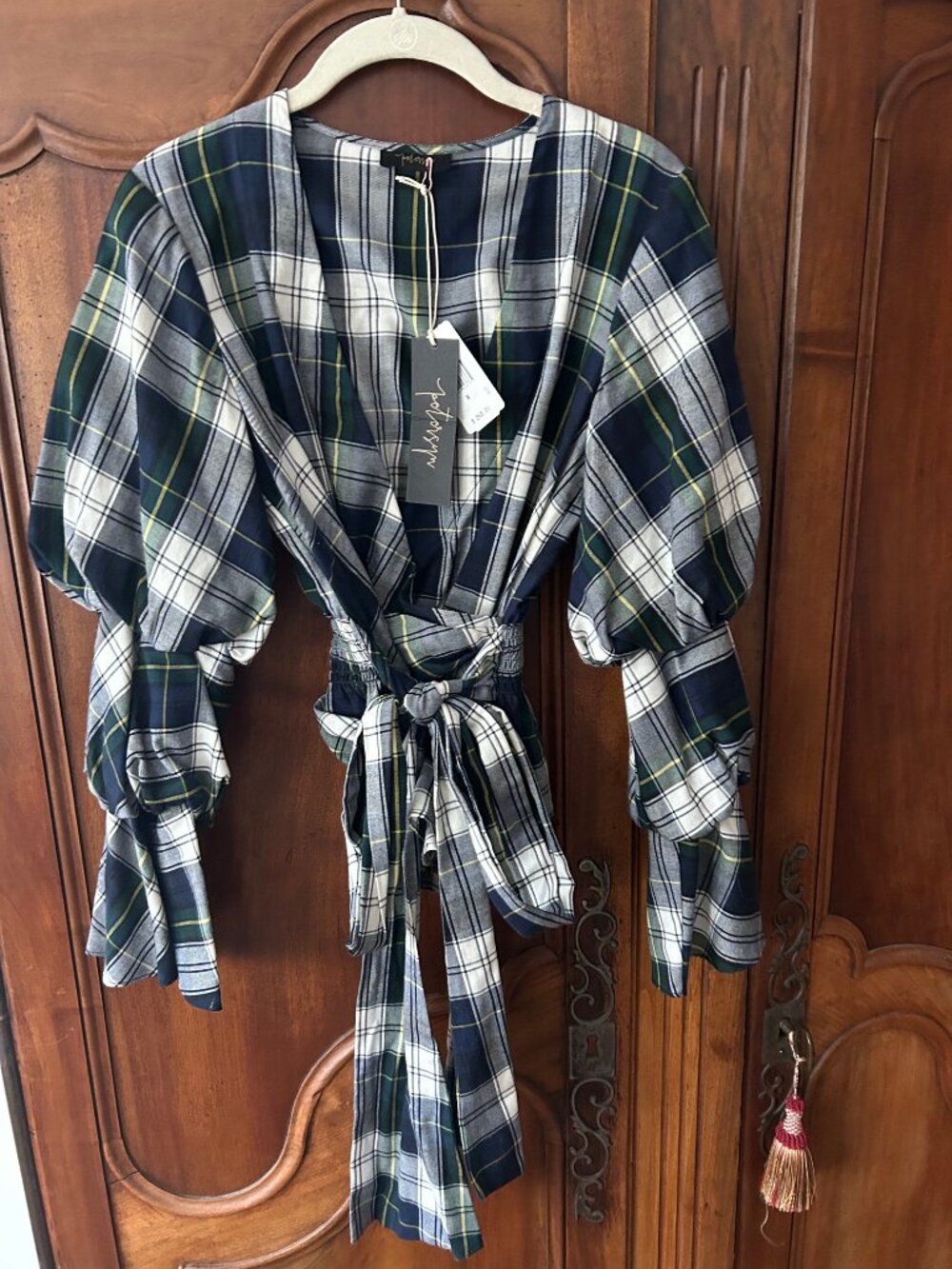 Petersyn Dexter Galaway blue/green/white plaid wrap front blouse, size M, NWT